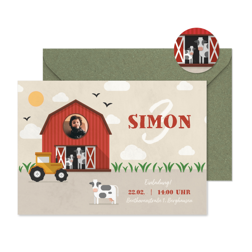 Einladung zum 3. Kindergeburtstag Bauernhof mit Kühen - Karteneindruck