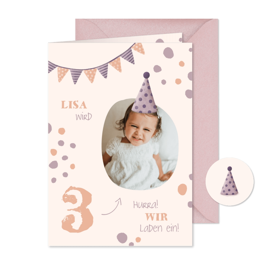 Einladung zum 3. Kindergeburtstag Konfetti mit Foto - Kartenvorschau