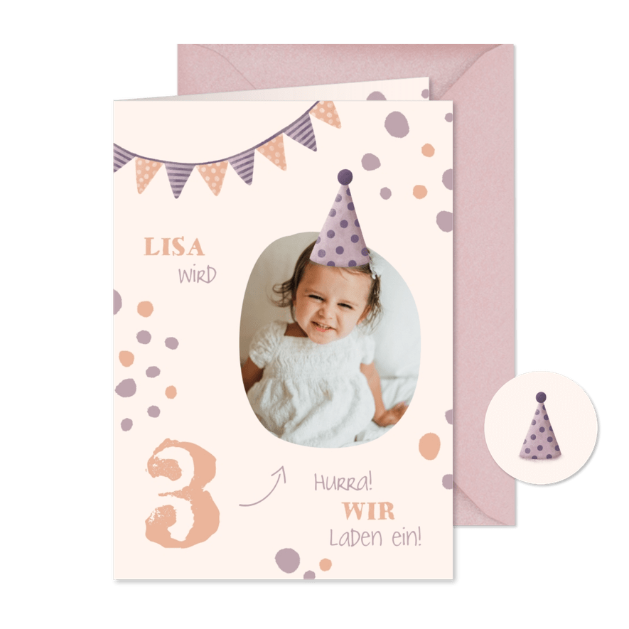 Einladung zum 3. Kindergeburtstag Konfetti mit Foto - Karteneindruck
