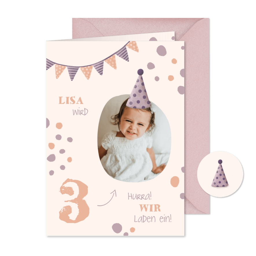 Einladung zum 3. Kindergeburtstag Konfetti mit Foto - Karteneindruck
