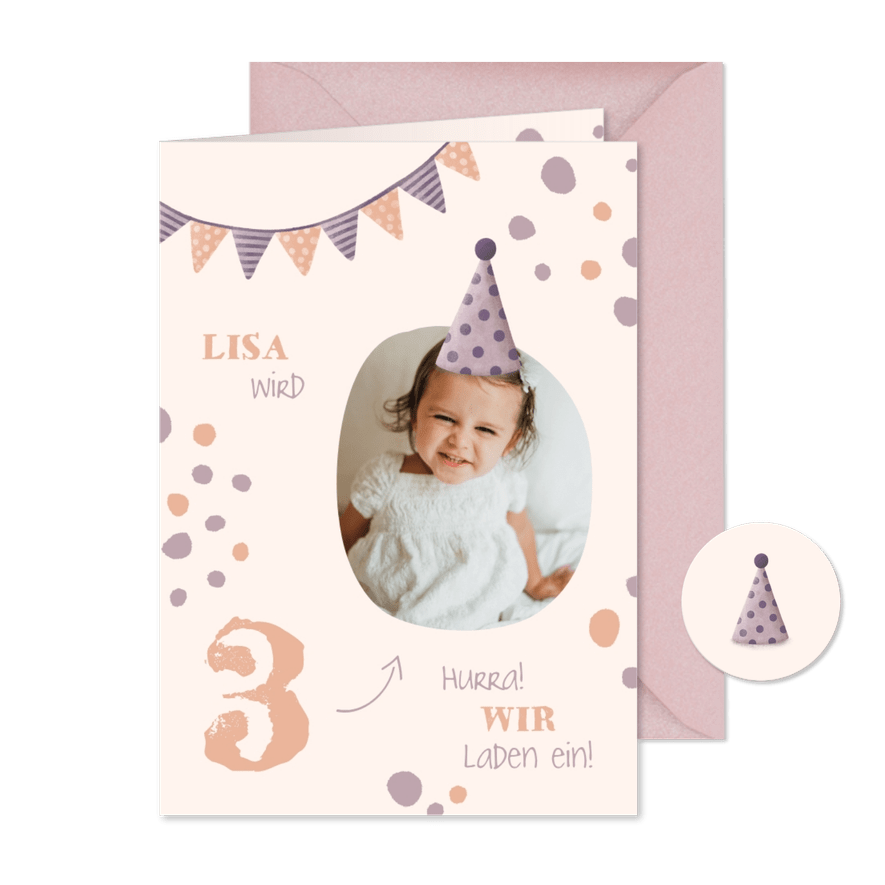 Einladung zum 3. Kindergeburtstag Konfetti mit Foto - Karteneindruck