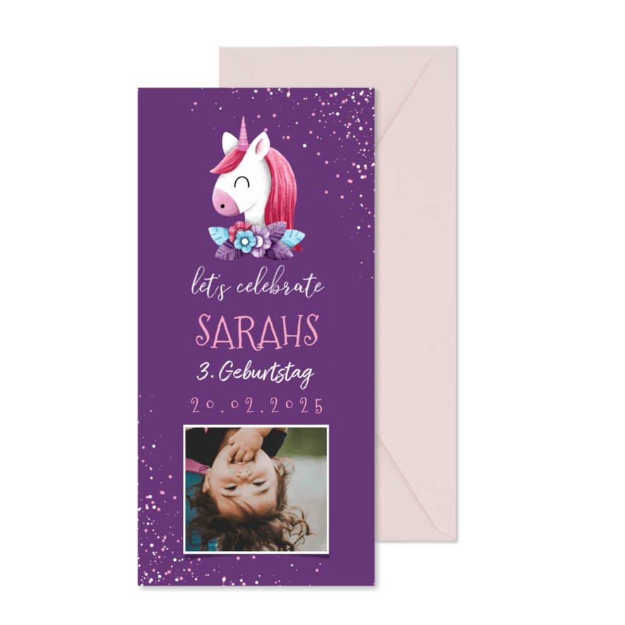 Einladung zum 3. Kindergeburtstag lila Einhorn und Konfetti - Karteneindruck
