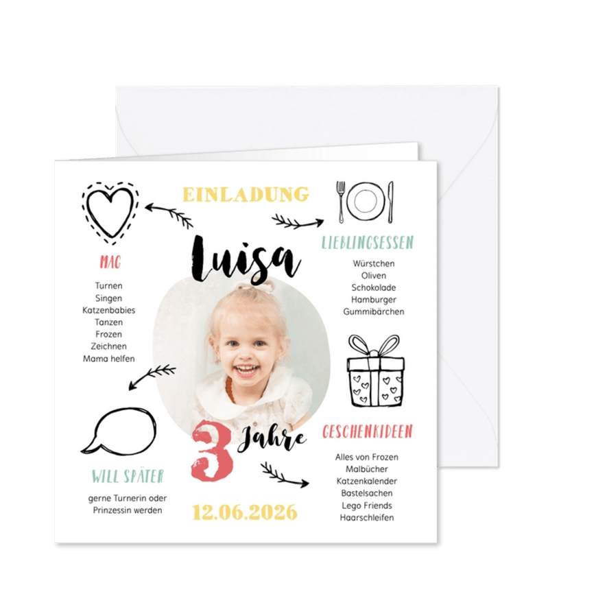Einladung zum 3. Kindergeburtstag Mädchen Herz & Geschenk - Kartenvorschau