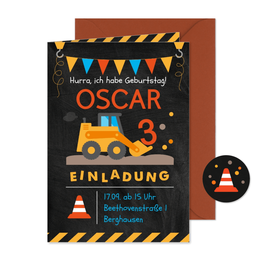 Einladung zum 3. Kindergeburtstag mit Bagger - Kartenvorschau
