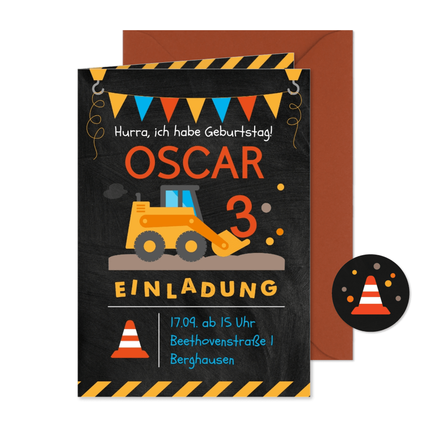 Einladung zum 3. Kindergeburtstag mit Bagger - Karteneindruck
