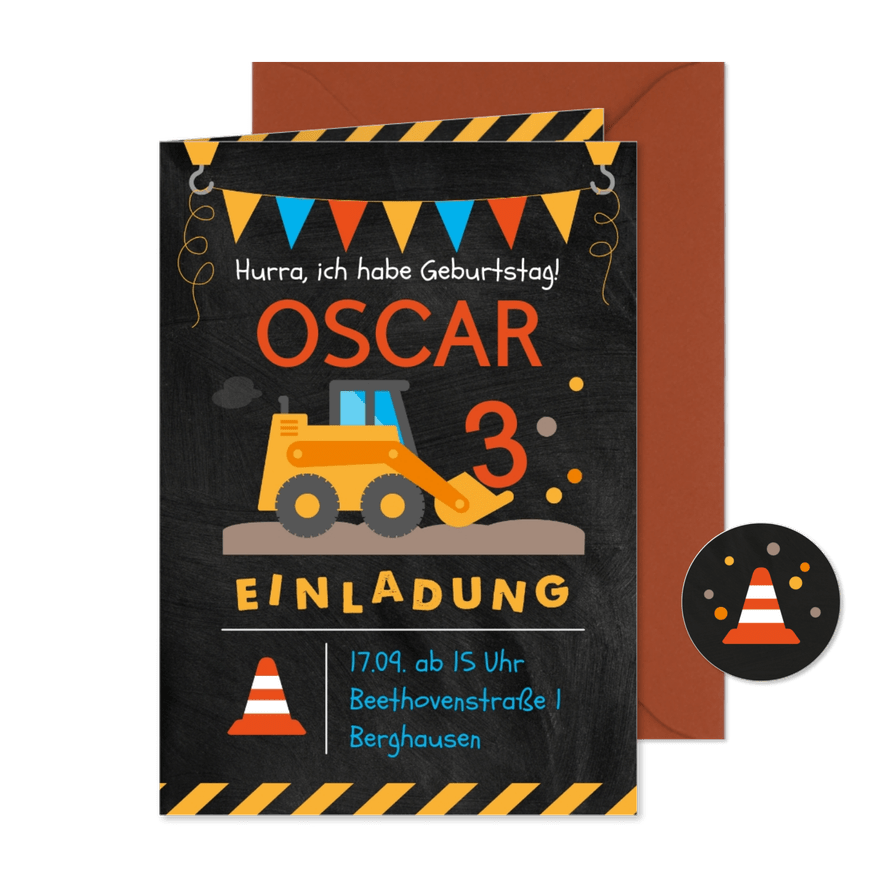 Einladung zum 3. Kindergeburtstag mit Bagger - Karteneindruck