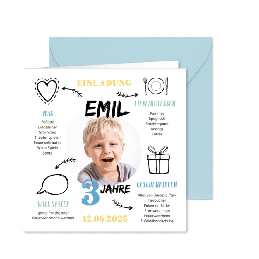 Einladung zum 3. Kindergeburtstag Steckbrief Junge - Karteneindruck
