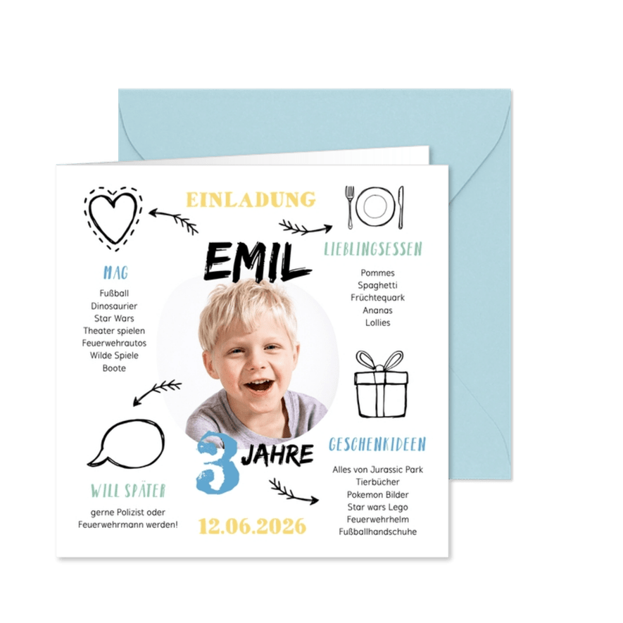 Einladung zum 3. Kindergeburtstag Steckbrief Junge - Karteneindruck
