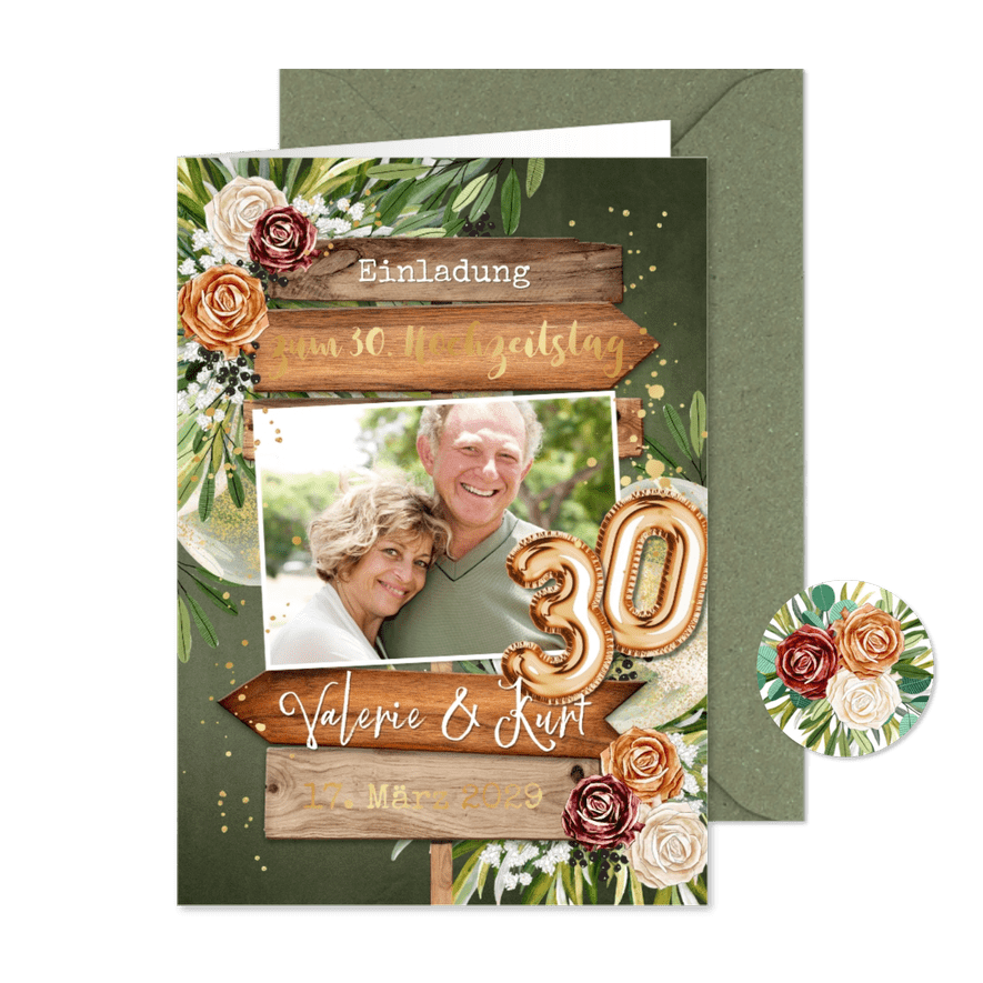 Einladung zum 30.Hochzeitstag Rosen & Wegweiser - Karteneindruck
