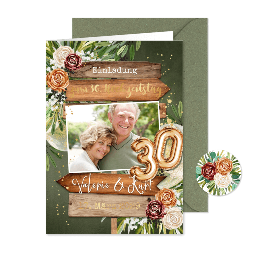 Einladung zum 30.Hochzeitstag Rosen & Wegweiser - Karteneindruck

