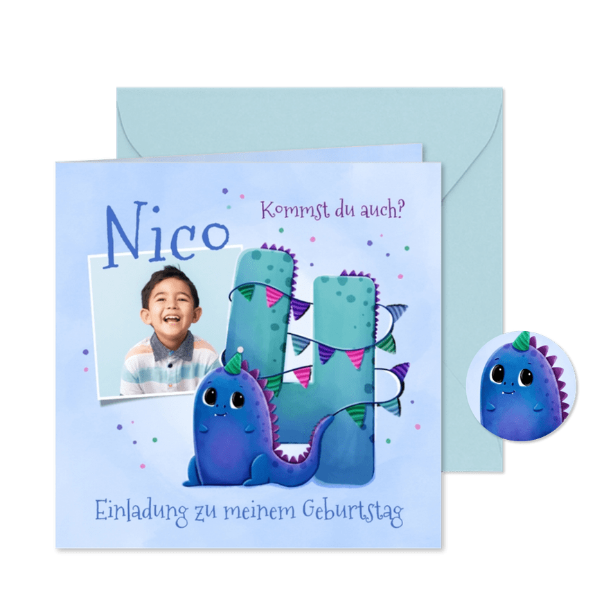 Einladung zum 4. Geburtstag kleiner Dino & Foto - Karteneindruck
