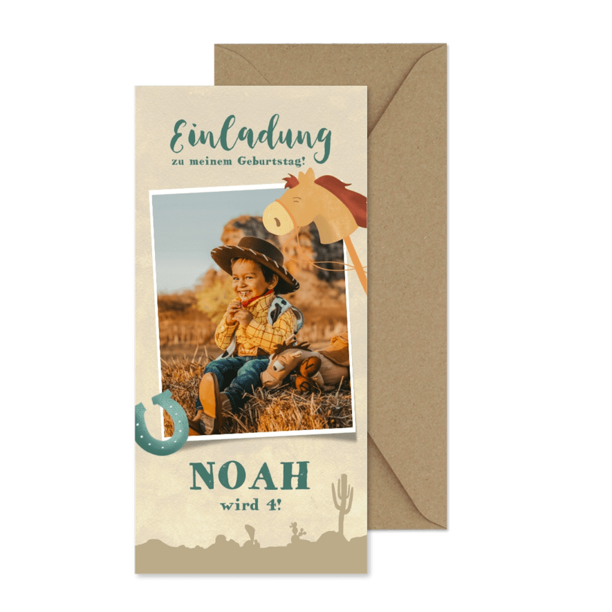 Einladung zum 4. Kindergeburtstag mit Prärie & Cowboyhut - Karteneindruck