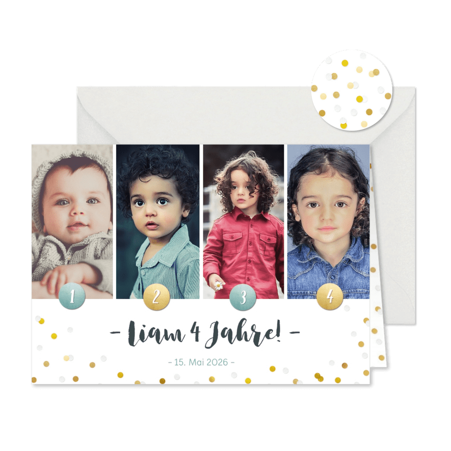 Einladung zum 4. Kindergeburtstag mit vier Fotos - Karteneindruck
