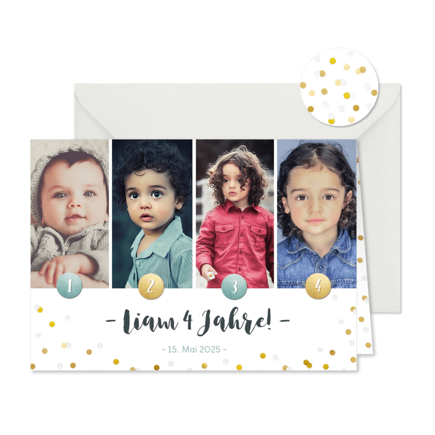 Einladung zum 4. Kindergeburtstag mit vier Fotos - Karteneindruck
