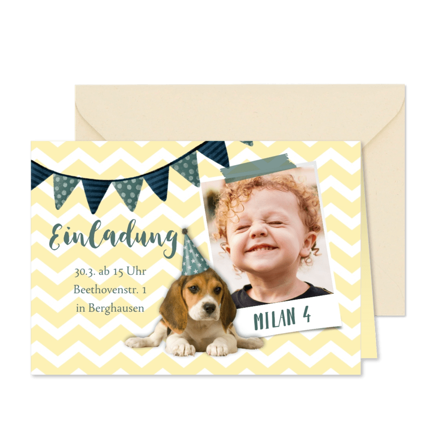Einladung zum 4. Kindergeburtstag Partyhund - Karteneindruck