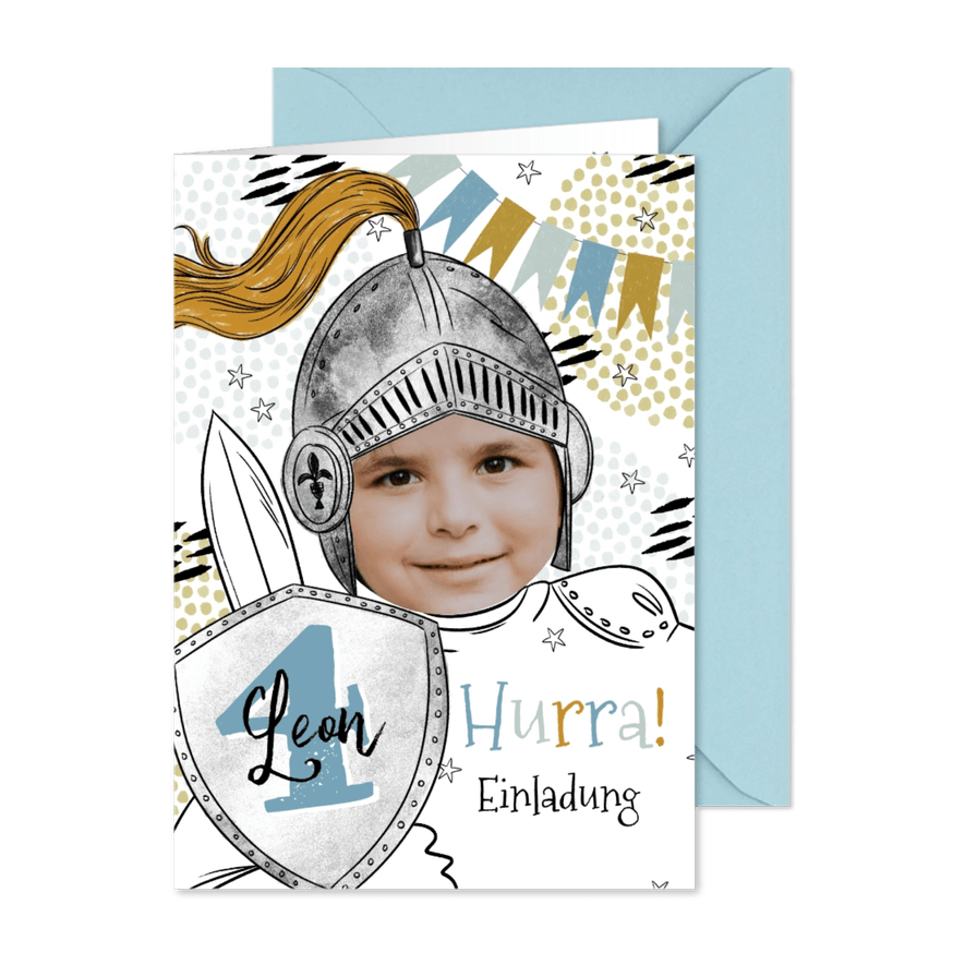 Einladung zum 4. Kindergeburtstag Ritter - Karteneindruck
