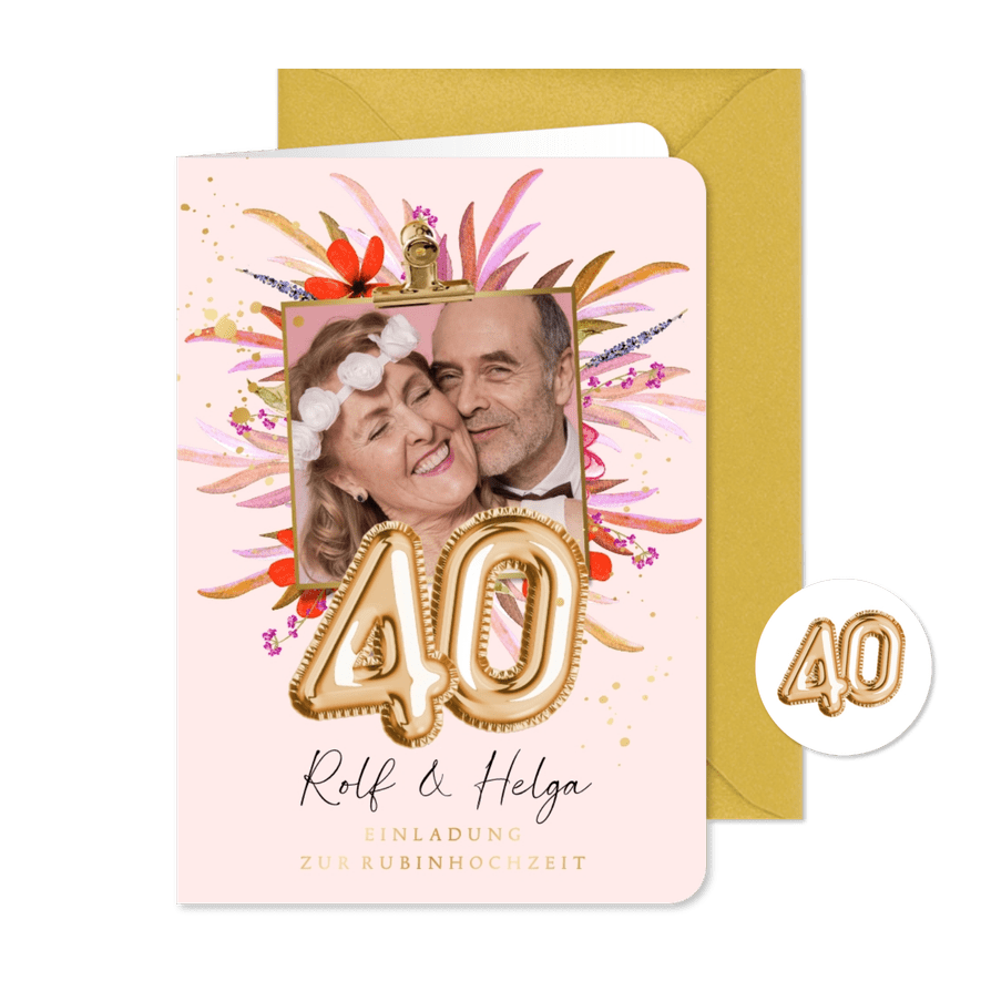 Einladung zum 40. Hochzeitsjubiläum Foto & Blüten - Karteneindruck