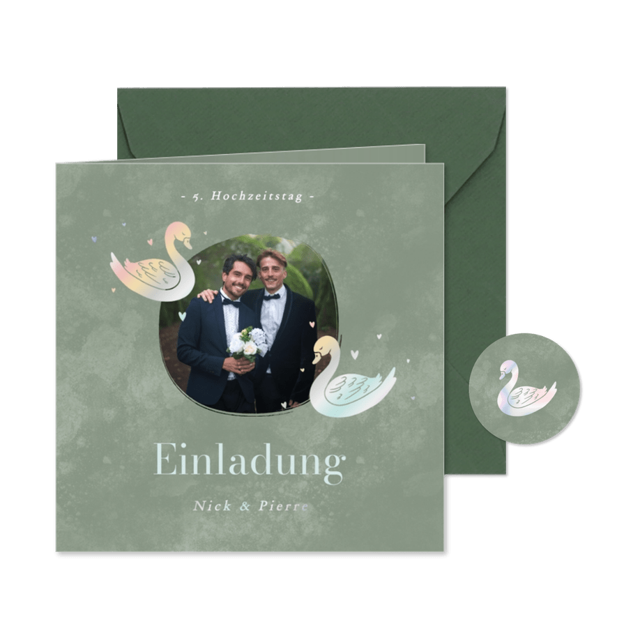 Einladung zum 5. Hochzeitsjubiläum Schwäne - Karteneindruck
