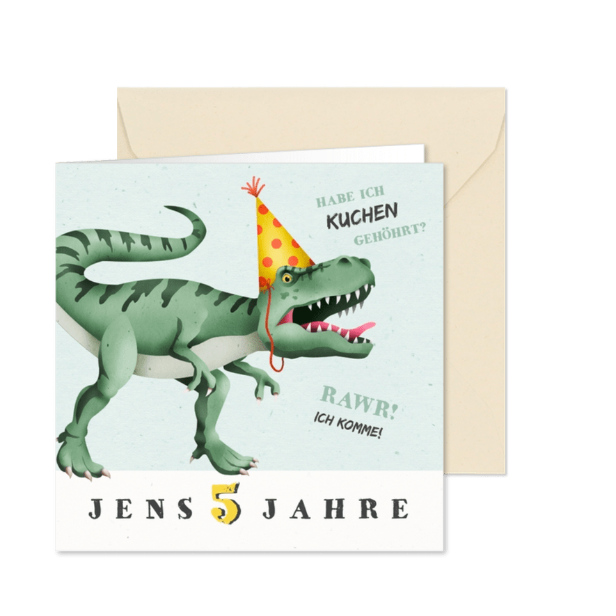 Einladung zum 5. Kindergeburtstag Dinosaurier mit Hut - Kartenvorschau