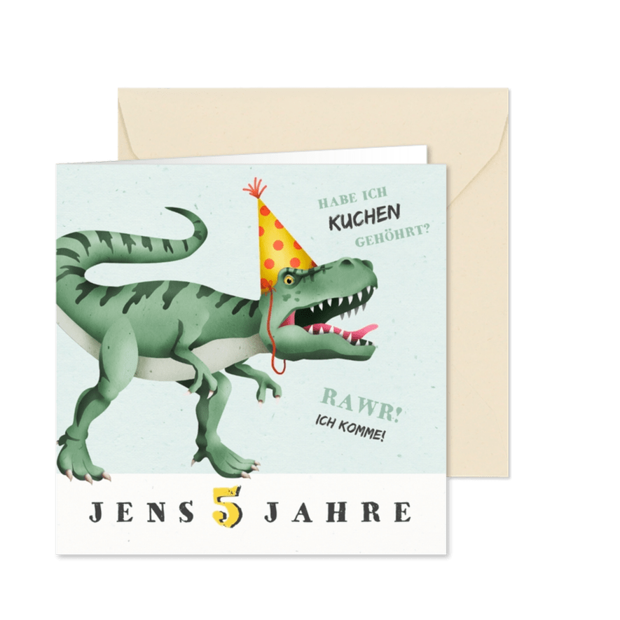 Einladung zum 5. Kindergeburtstag Dinosaurier mit Hut - Karteneindruck
