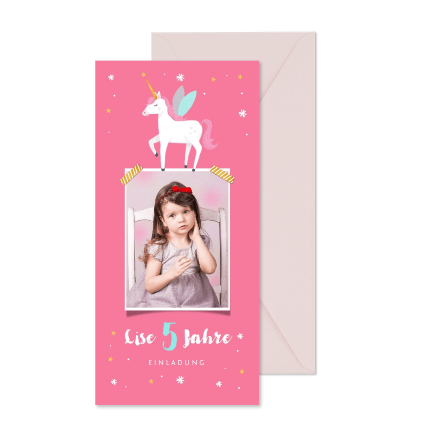 Einladung zum 5. Kindergeburtstag Foto und Einhorn rosa - Karteneindruck