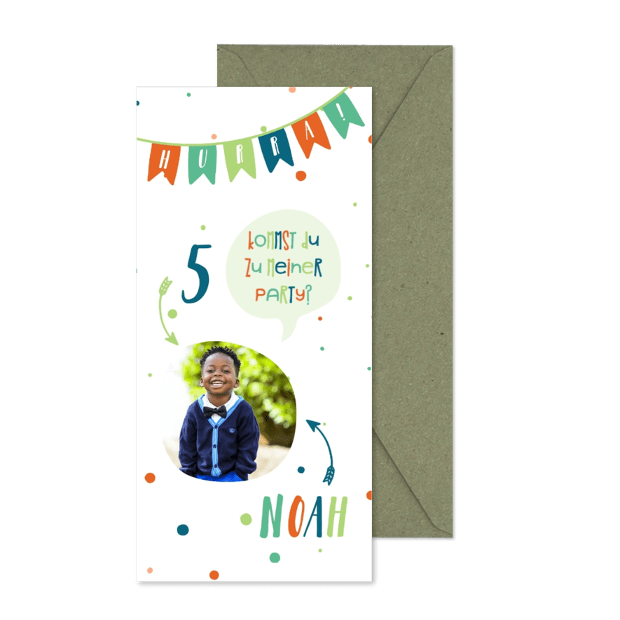 Einladung zum 5. Kindergeburtstag fröhlich-blau - Karteneindruck