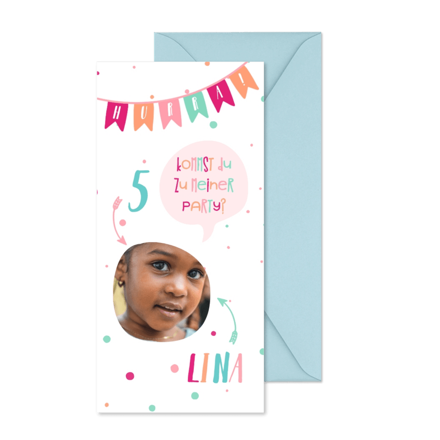 Einladung zum 5. Kindergeburtstag fröhlich-rosa - Karteneindruck
