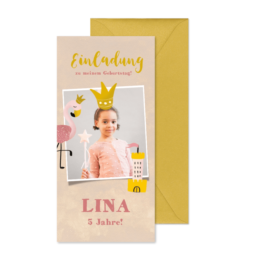 Einladung zum 5. Kindergeburtstag mit Flamingo und Krone - Karteneindruck