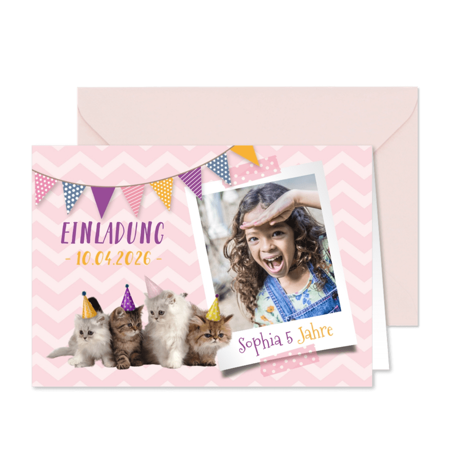 Einladung zum 5. Kindergeburtstag mit Katzen - Karteneindruck
