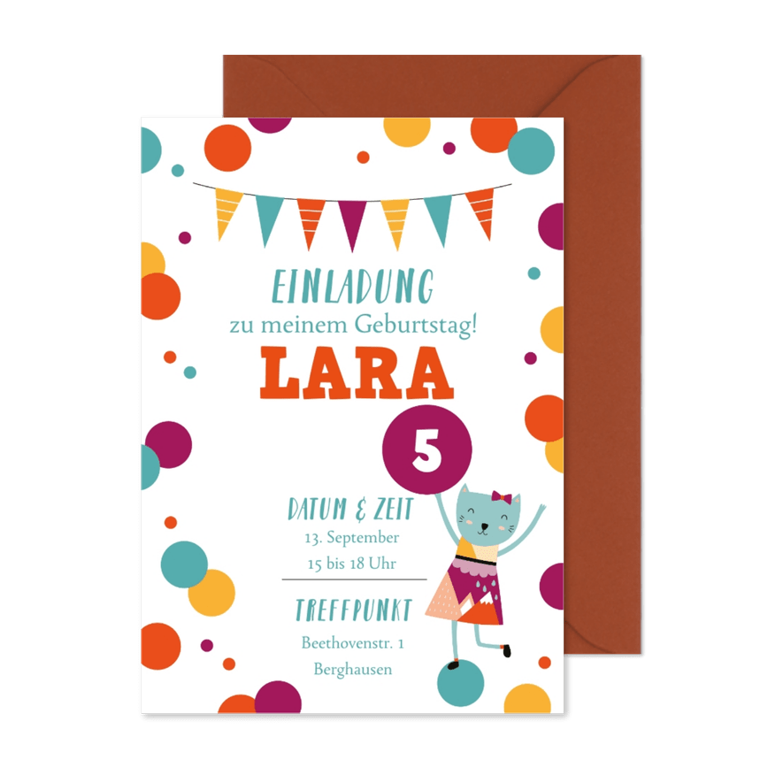 Einladung zum 5. Kindergeburtstag orange Konfetti - Karteneindruck