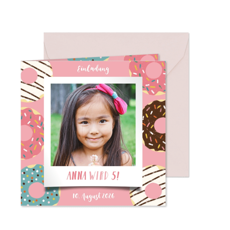 Einladung zum 5. Kindergeburtstag Polaroidfoto und Donuts - Karteneindruck
