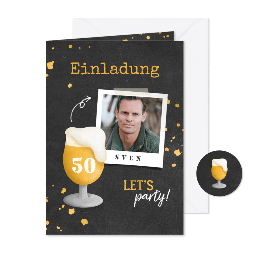 Einladung zum 50. Geburtstag mit Bierglas und Foto - Karteneindruck

