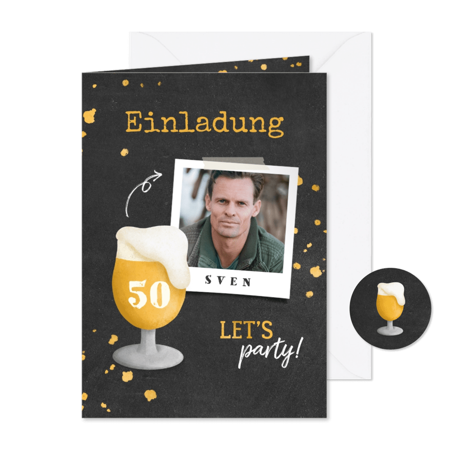 Einladung zum 50. Geburtstag mit Bierglas und Foto - Karteneindruck
