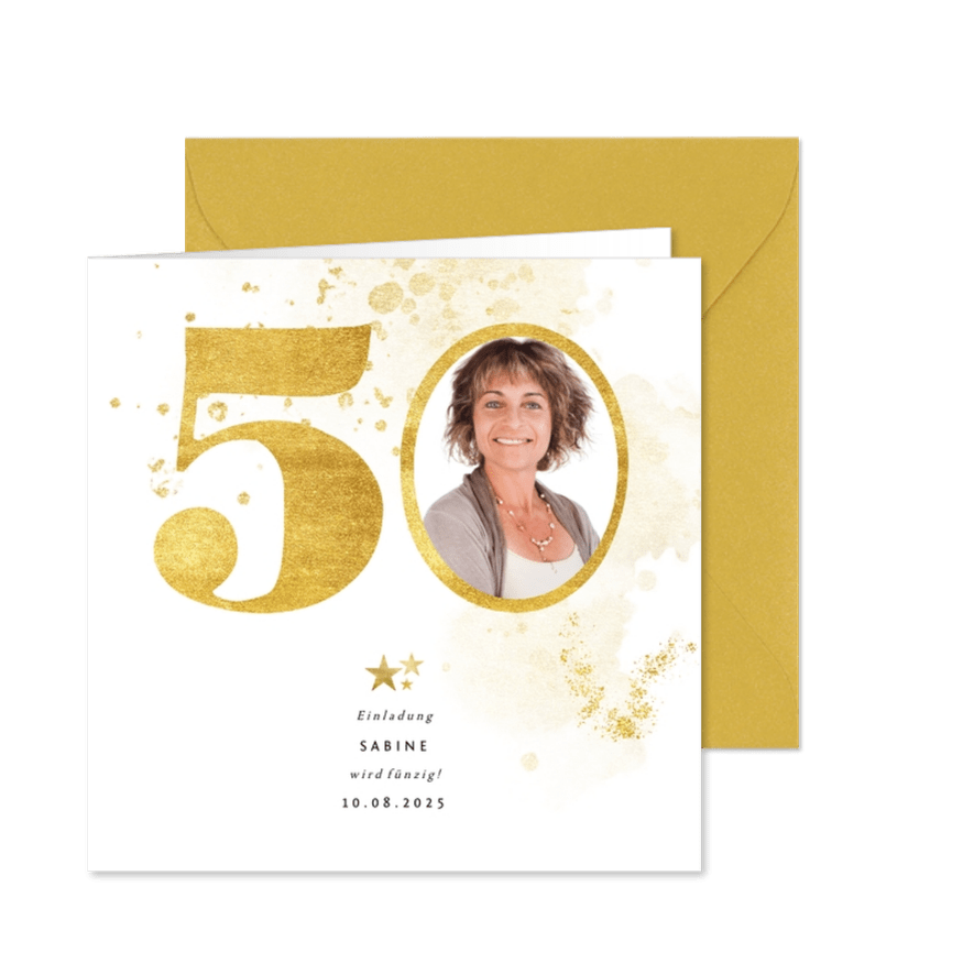 Einladung zum 50. Geburtstag mit großer goldener 50 - Karteneindruck