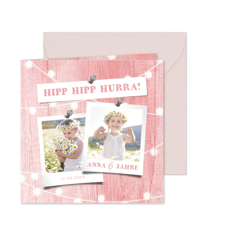 Einladung zum 6. Kindergeburtstag auf Holz mit Lichtern - Karteneindruck