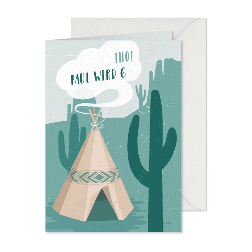 Einladung zum 6. Kindergeburtstag blau Indianer-Party  - Karteneindruck
