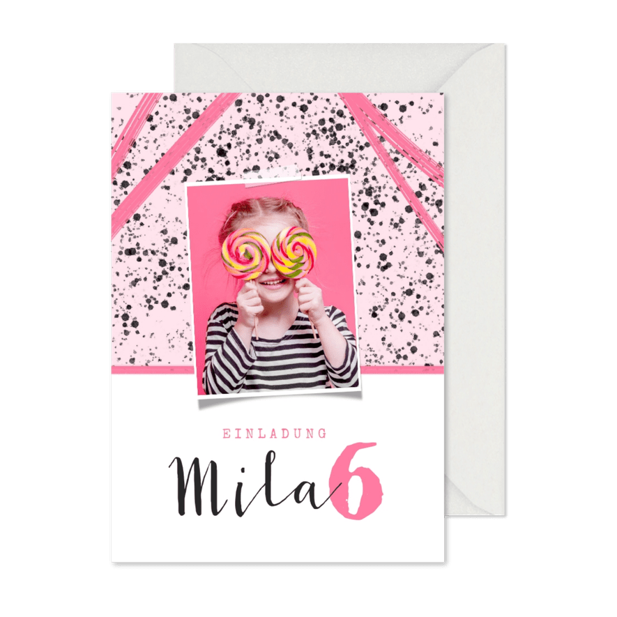 Einladung zum 6. Kindergeburtstag Foto und Tupfen rosa - Karteneindruck

