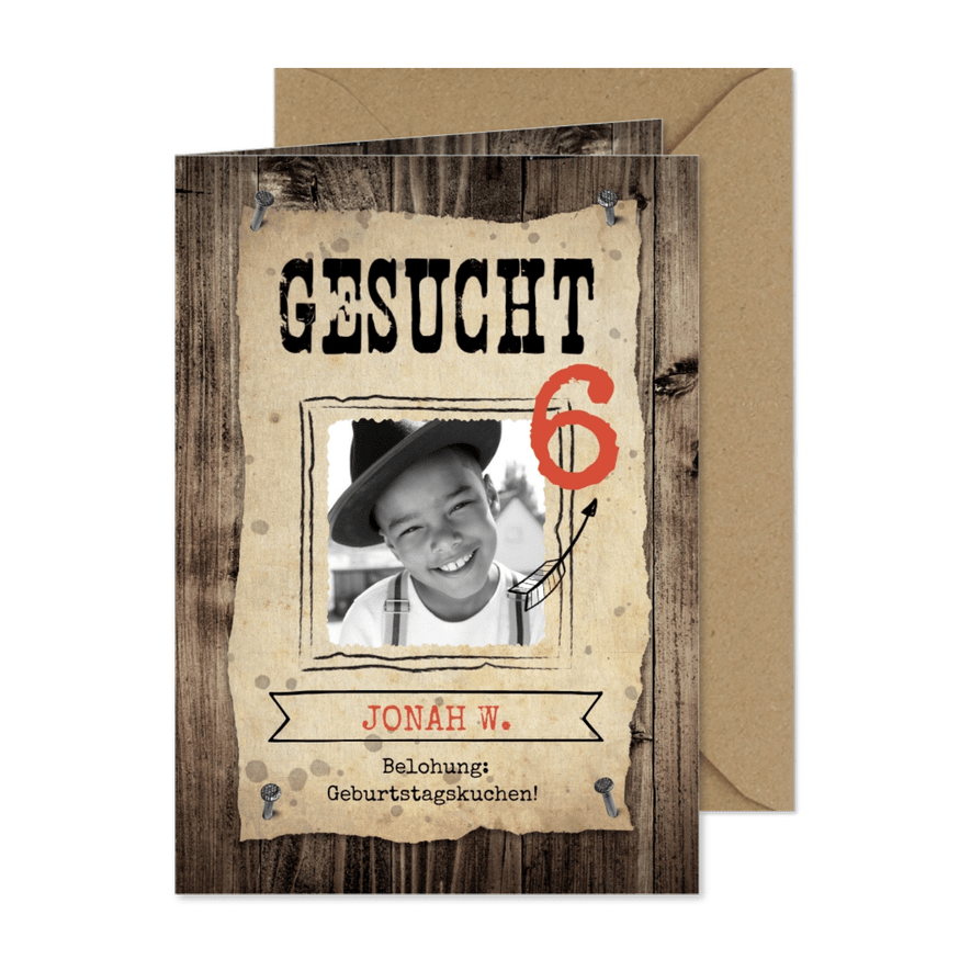 Einladung zum 6. Kindergeburtstag 'Gesucht' Cowboy - Karteneindruck
