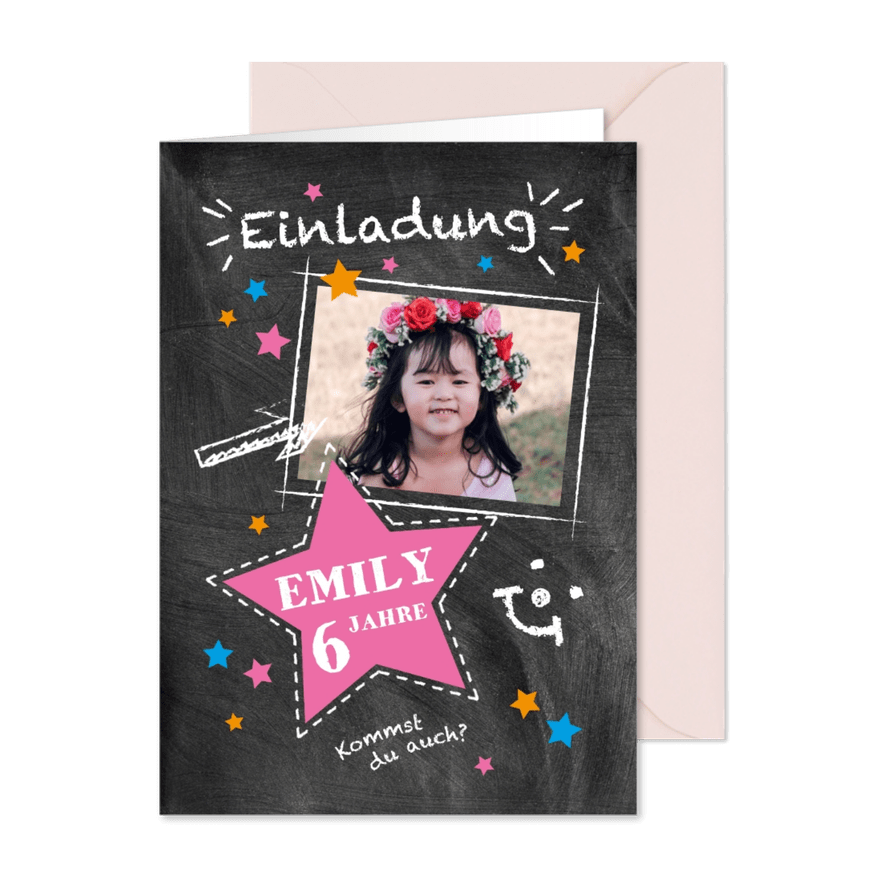 Einladung zum 6. Kindergeburtstag Kreidelook Foto pink - Kartenvorschau