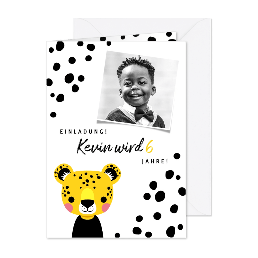 Einladung zum 6. Kindergeburtstag Leopard und Foto - Karteneindruck