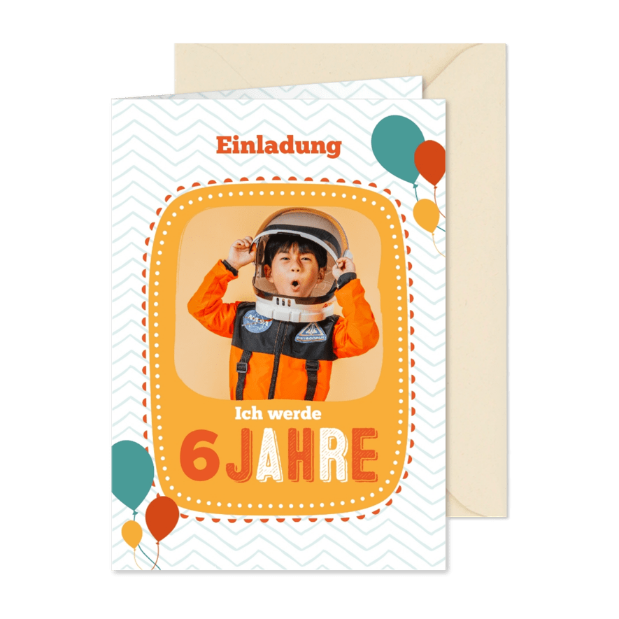 Einladung zum 6. Kindergeburtstag mit Party-Illustrationen - Karteneindruck
