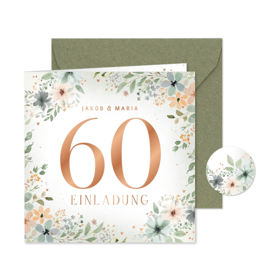 Einladung zum 60. Hochzeitstag romantische Blüten - Kartenvorschau