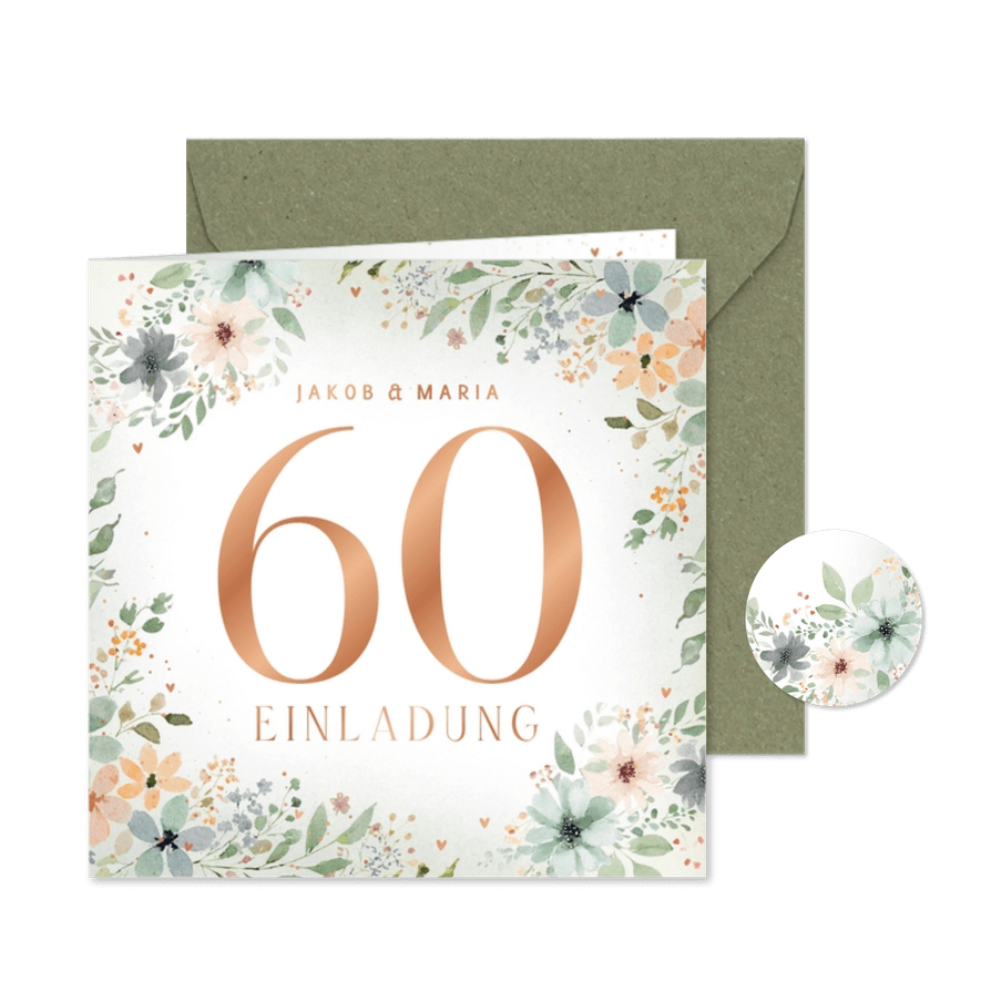 Einladung zum 60. Hochzeitstag romantische Blüten - Karteneindruck