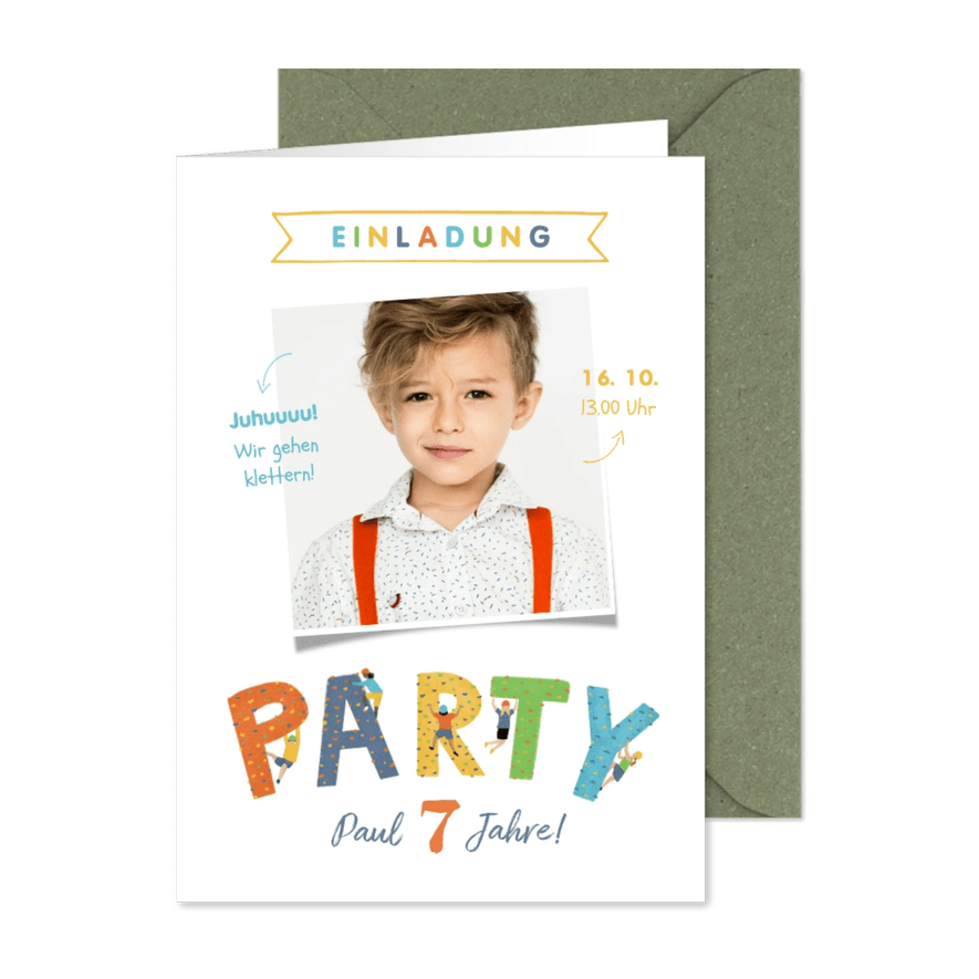 Einladung zum 7. Kindergeburtstag Foto Kletterparty - Karteneindruck
