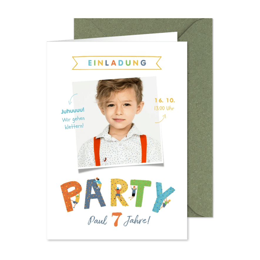 Einladung zum 7. Kindergeburtstag Foto Kletterparty - Karteneindruck