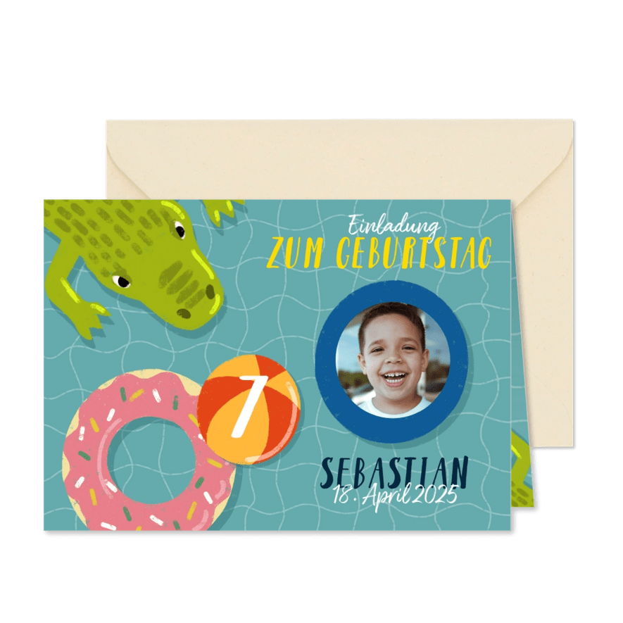 Einladung zum 7. Kindergeburtstag mit Wasser und Krokodil - Karteneindruck