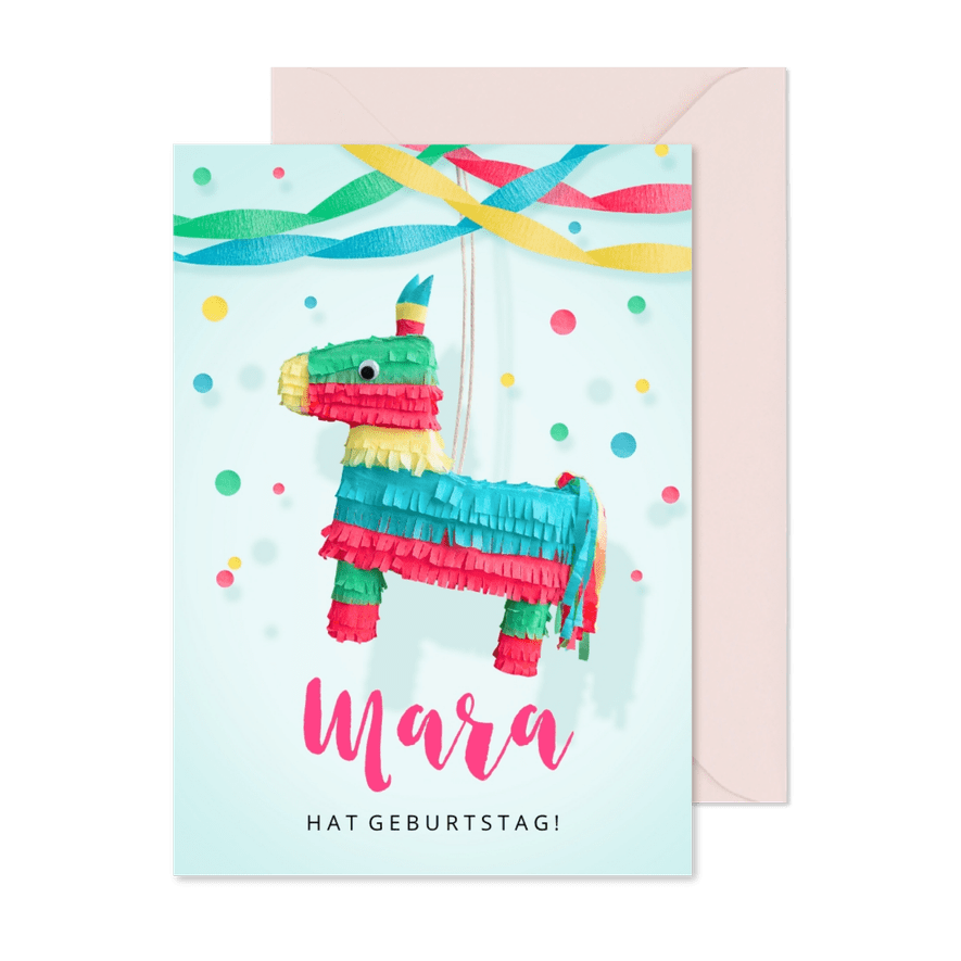 Einladung zum 7. Kindergeburtstag Pferde-Piñata rosa - Karteneindruck