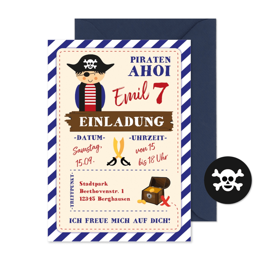 Einladung zum 7. Kindergeburtstag Piraten Ahoi - Karteneindruck