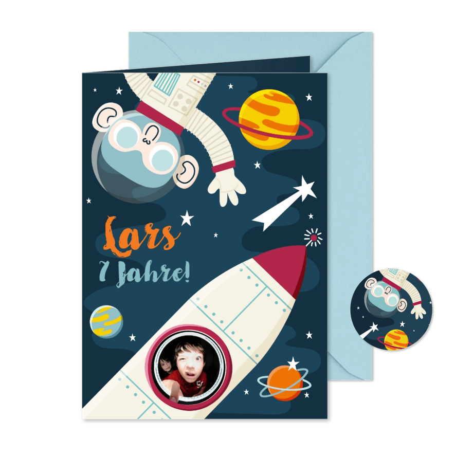 Einladung zum 7. Kindergeburtstag Planeten und Rakete - Karteneindruck
