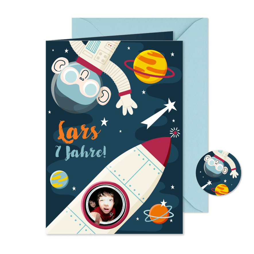 Einladung zum 7. Kindergeburtstag Planeten und Rakete - Karteneindruck